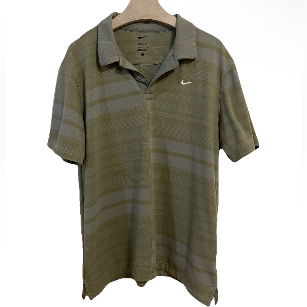 Nike Polo Golf Shirt Large Dri-Fit Green Blue Striped Country Club Prep Collared